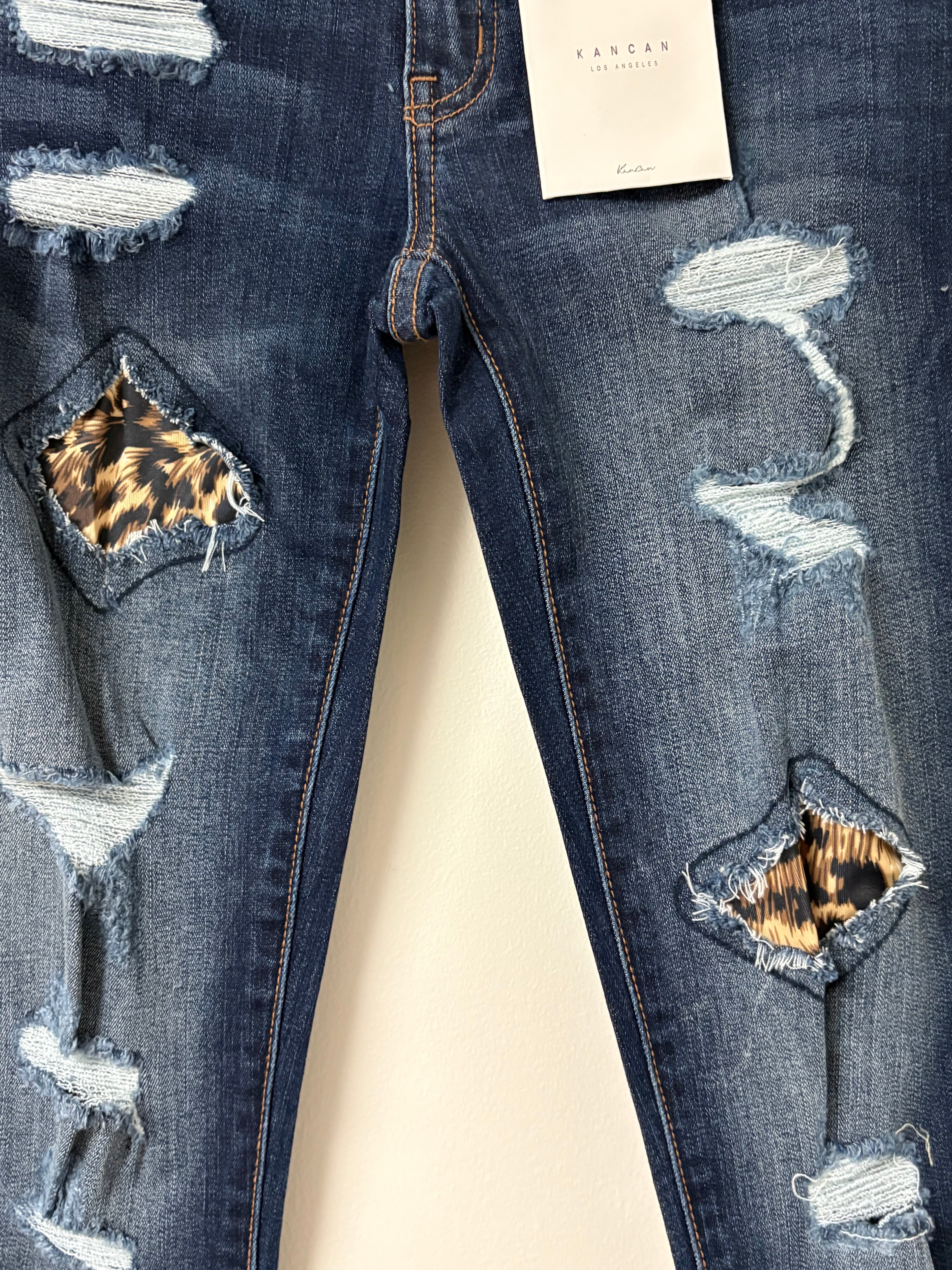 KANCAN MASON MID RISE LEOPARD PATCH SKINNY JEANS DARK BLUE WASH