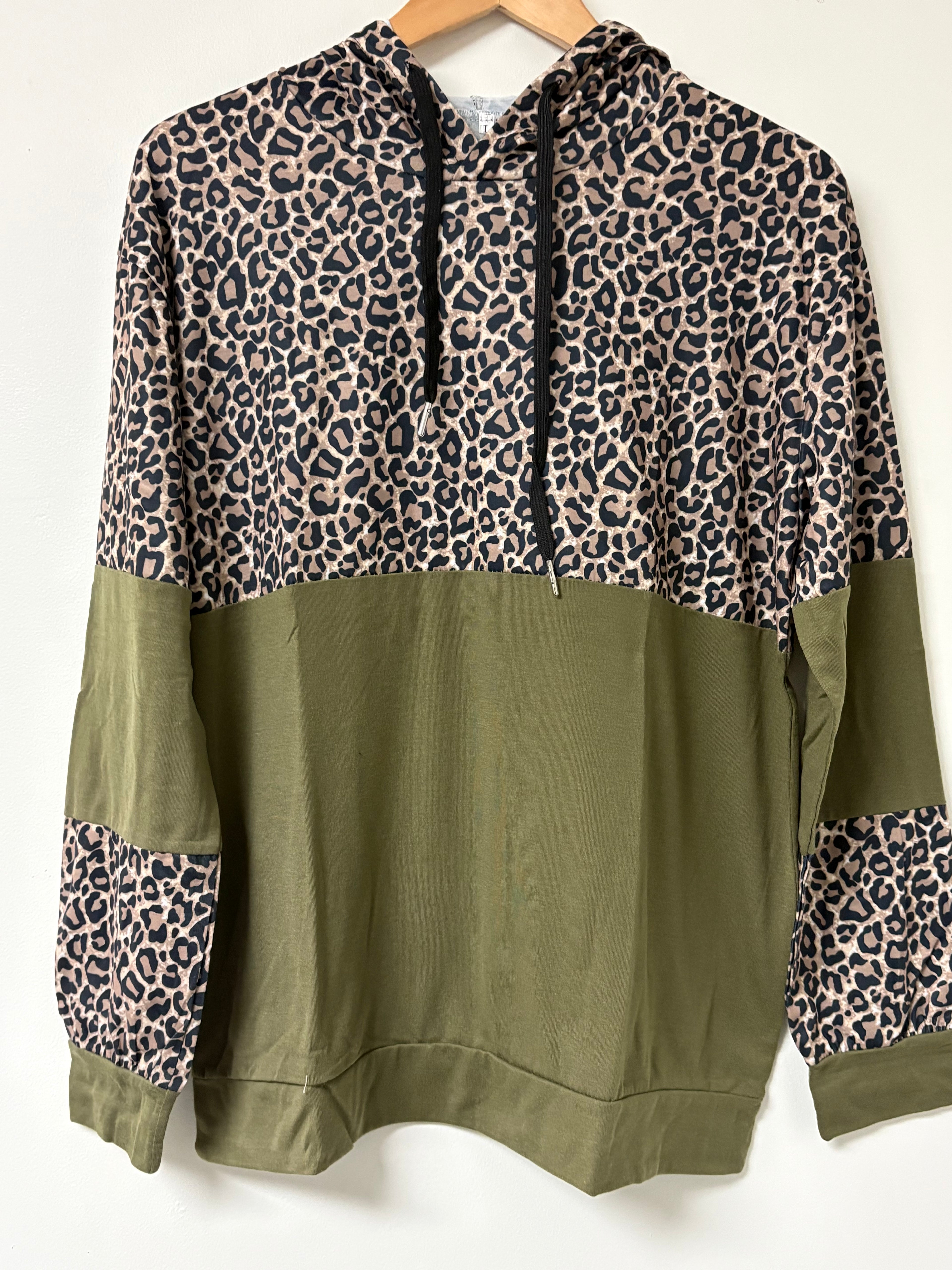 Women’s Cotton Leopard Print and Olive Top with a Hood | Size Large