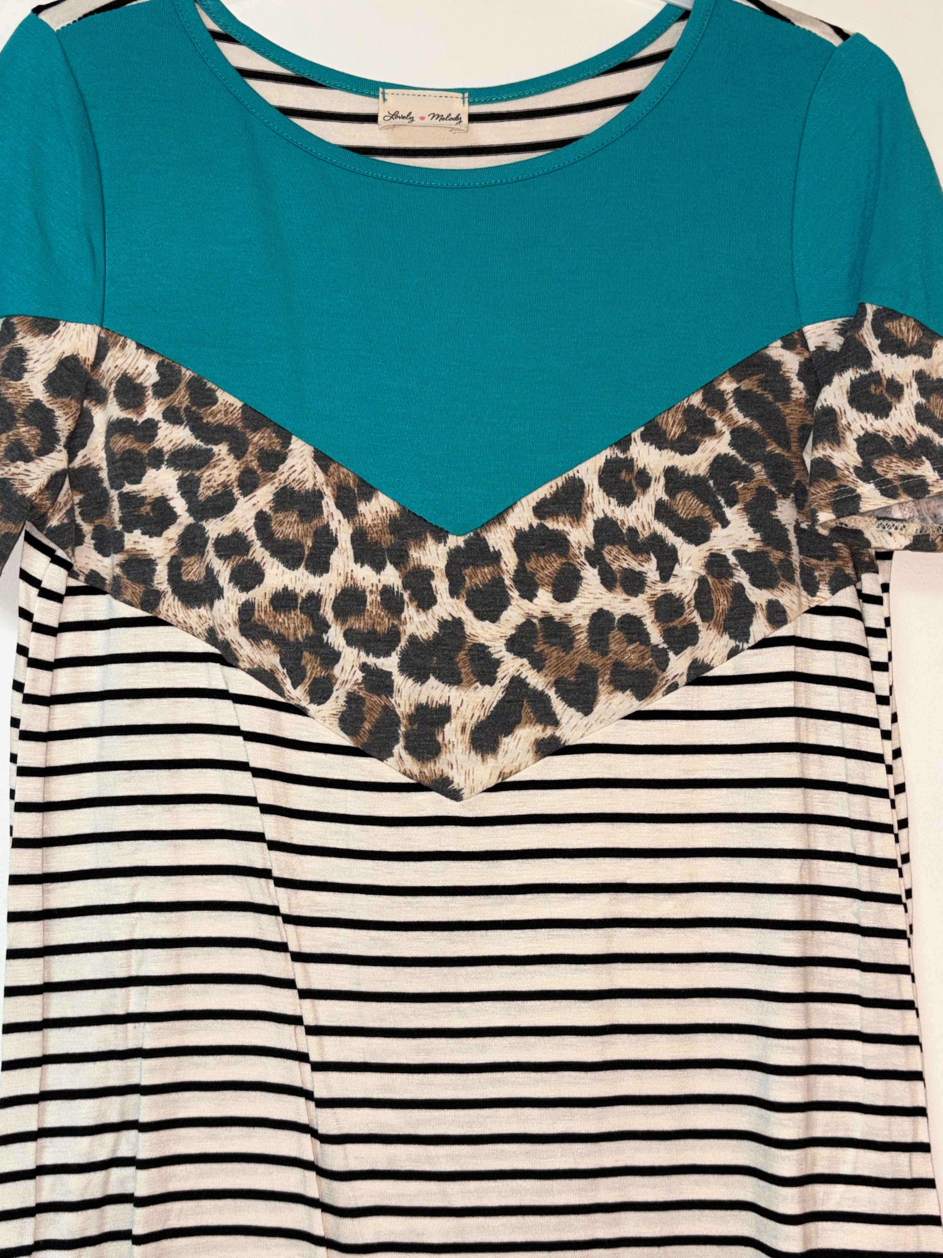 Women’s Leopard and Striped Top | Leopard, Stripes, and Teal Oh My! | Size Small