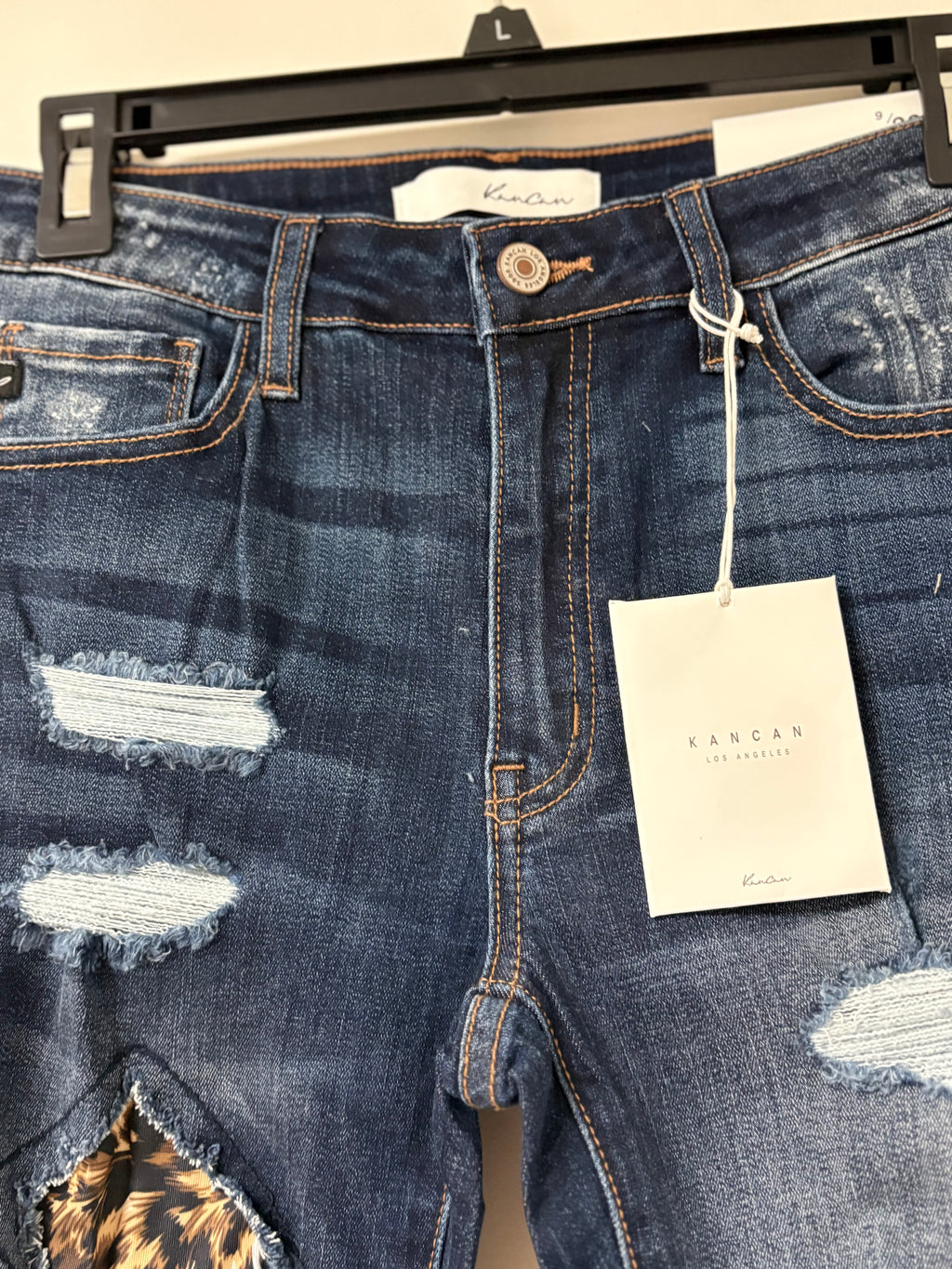 KANCAN MASON MID RISE LEOPARD PATCH SKINNY JEANS DARK BLUE WASH