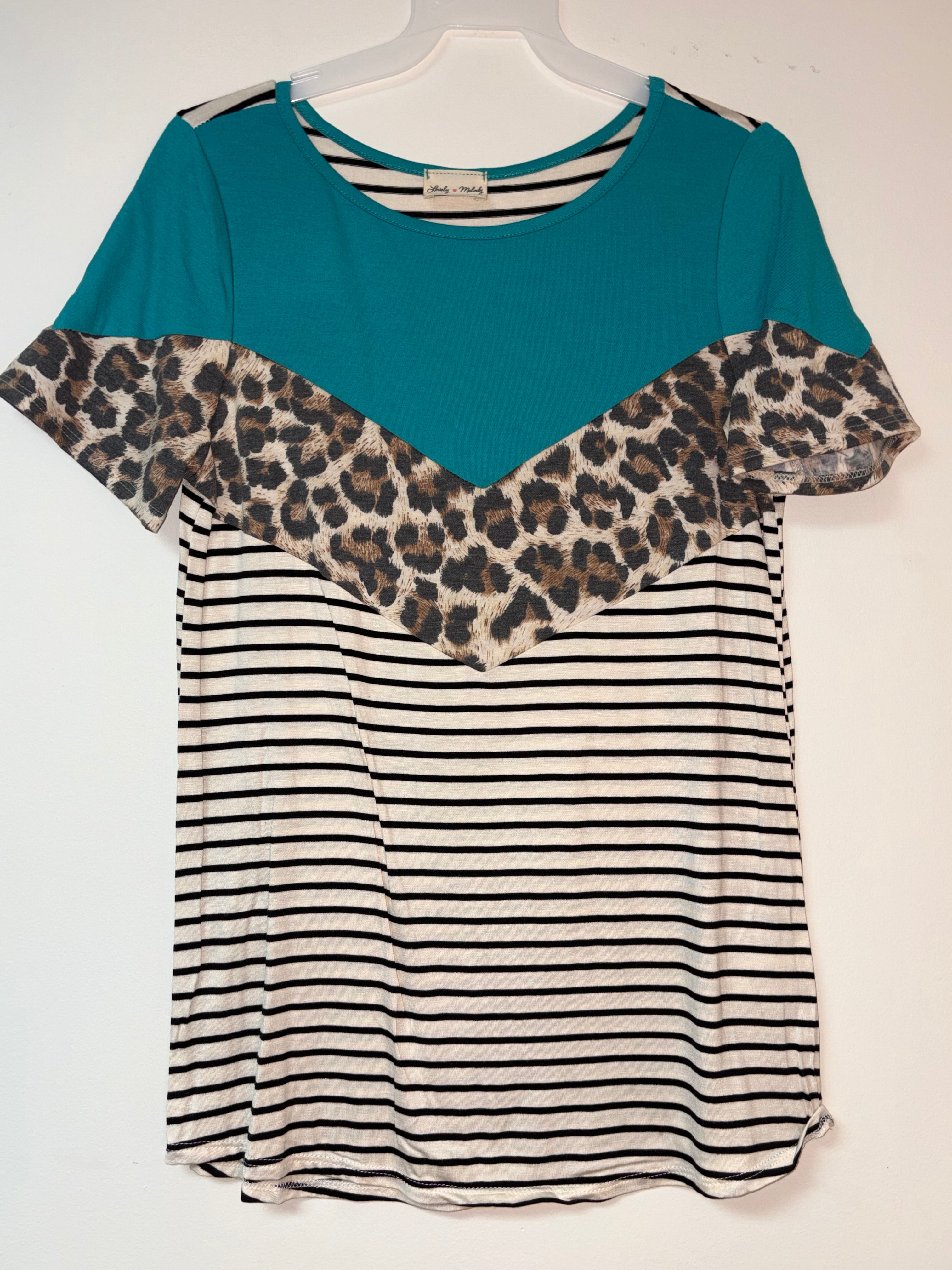 Women’s Leopard and Striped Top | Leopard, Stripes, and Teal Oh My! | Size Small