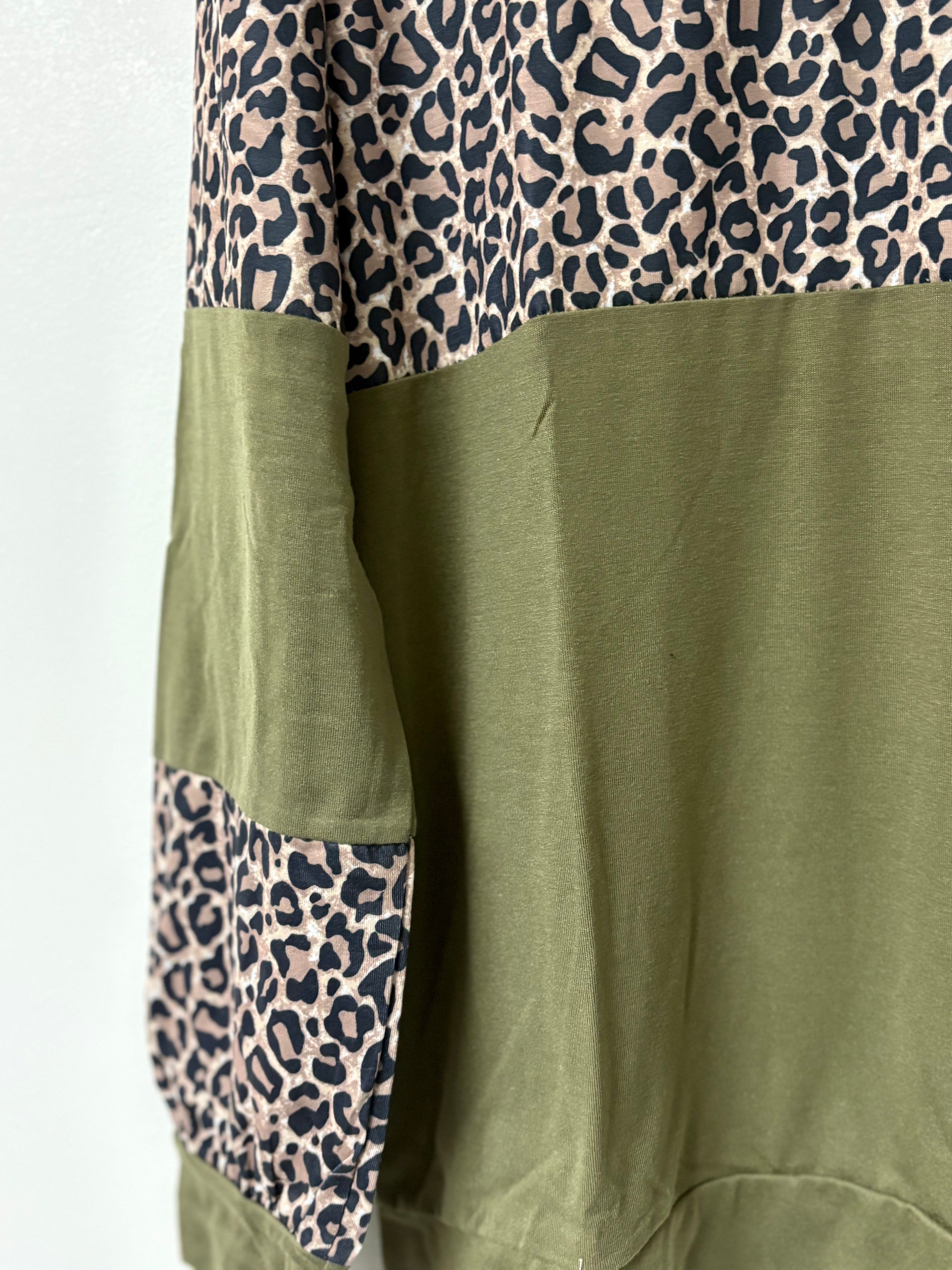 Women’s Cotton Leopard Print and Olive Top with a Hood | Size Large