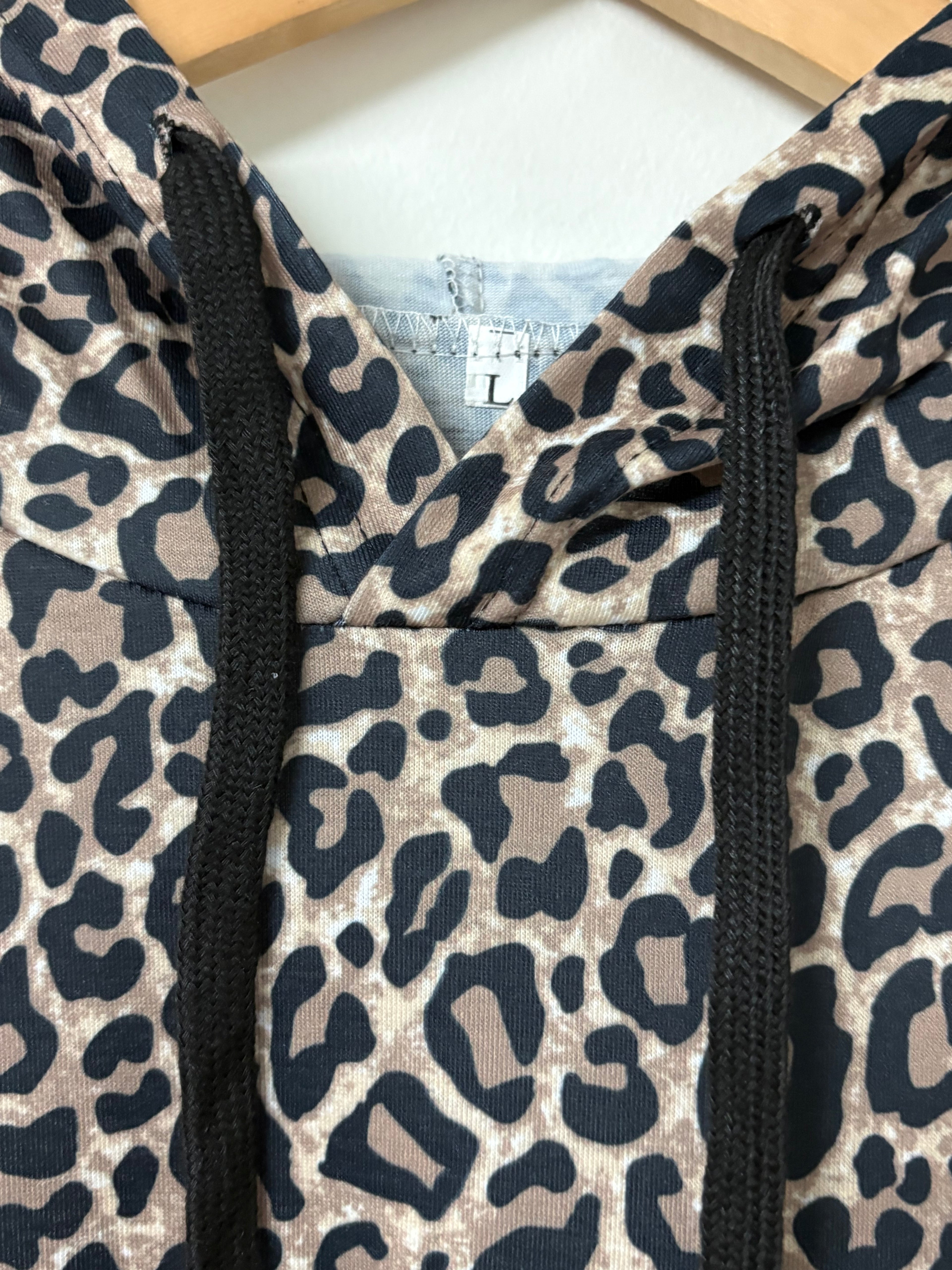 Women’s Cotton Leopard Print and Olive Top with a Hood | Size Large