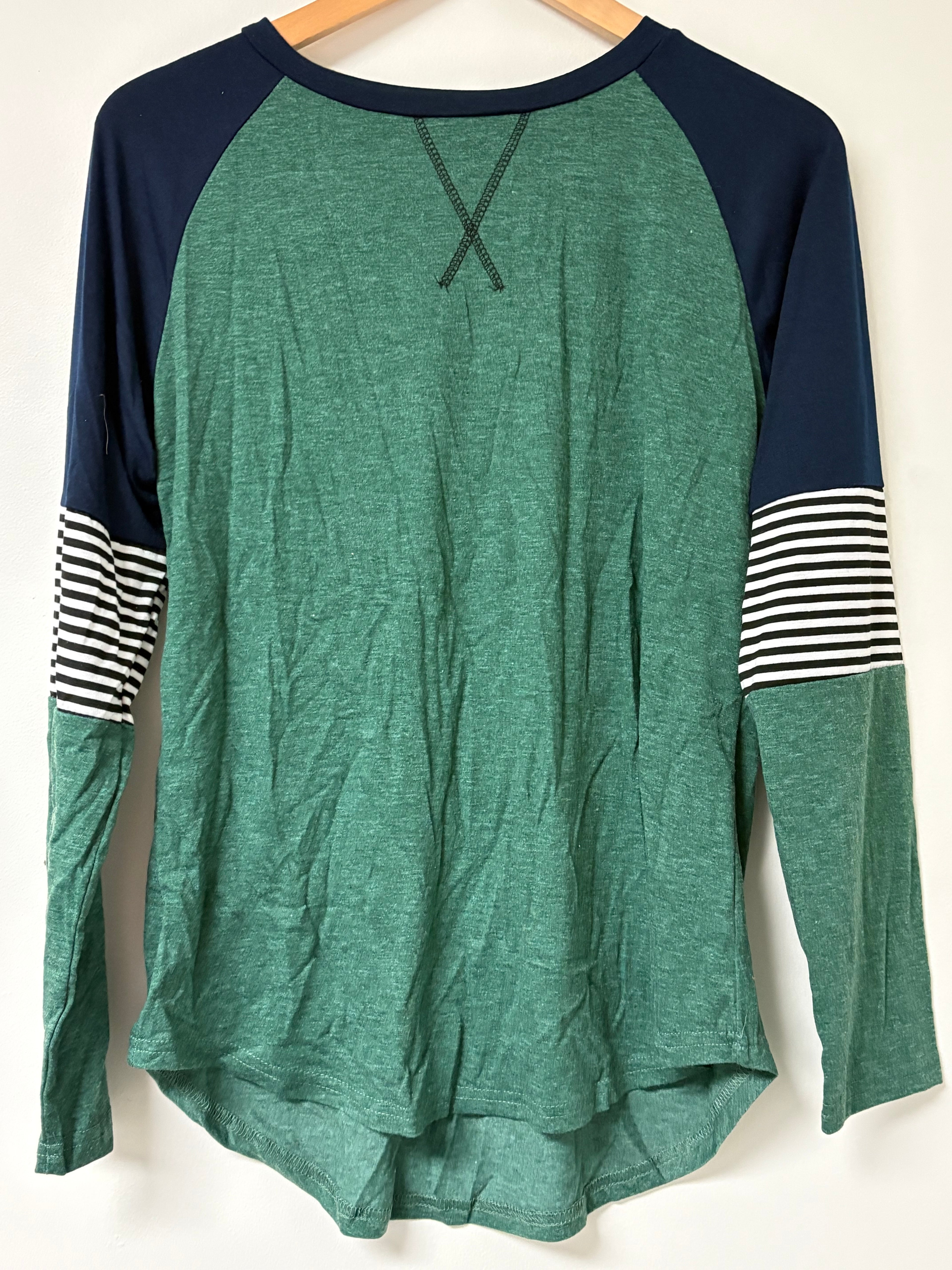 Green and Navy Color Block Tee with Stripes
