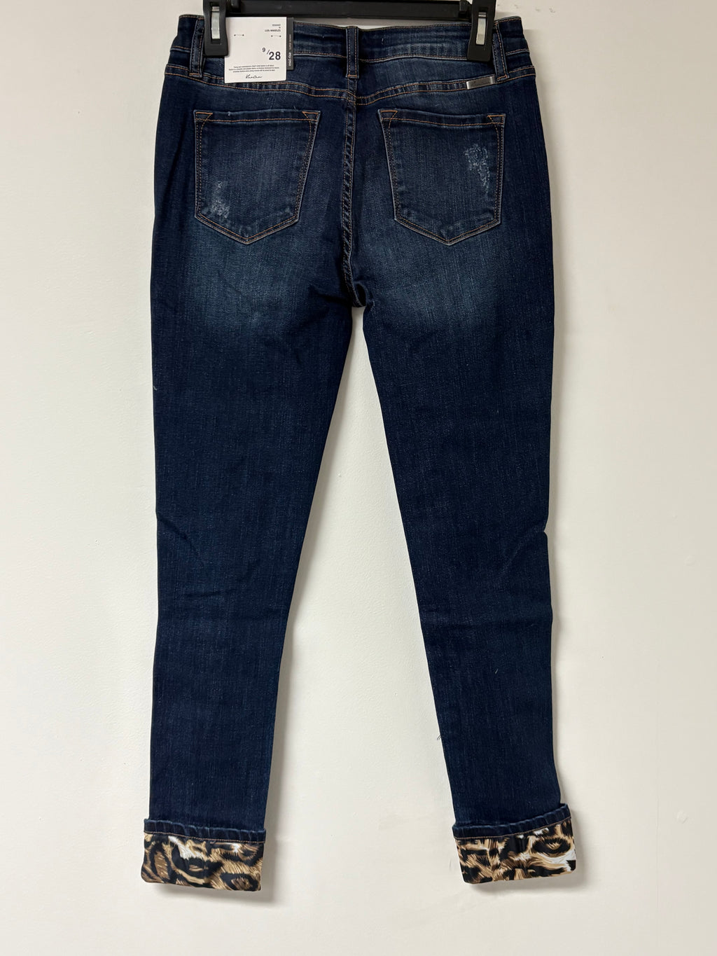 KANCAN MASON MID RISE LEOPARD PATCH SKINNY JEANS DARK BLUE WASH