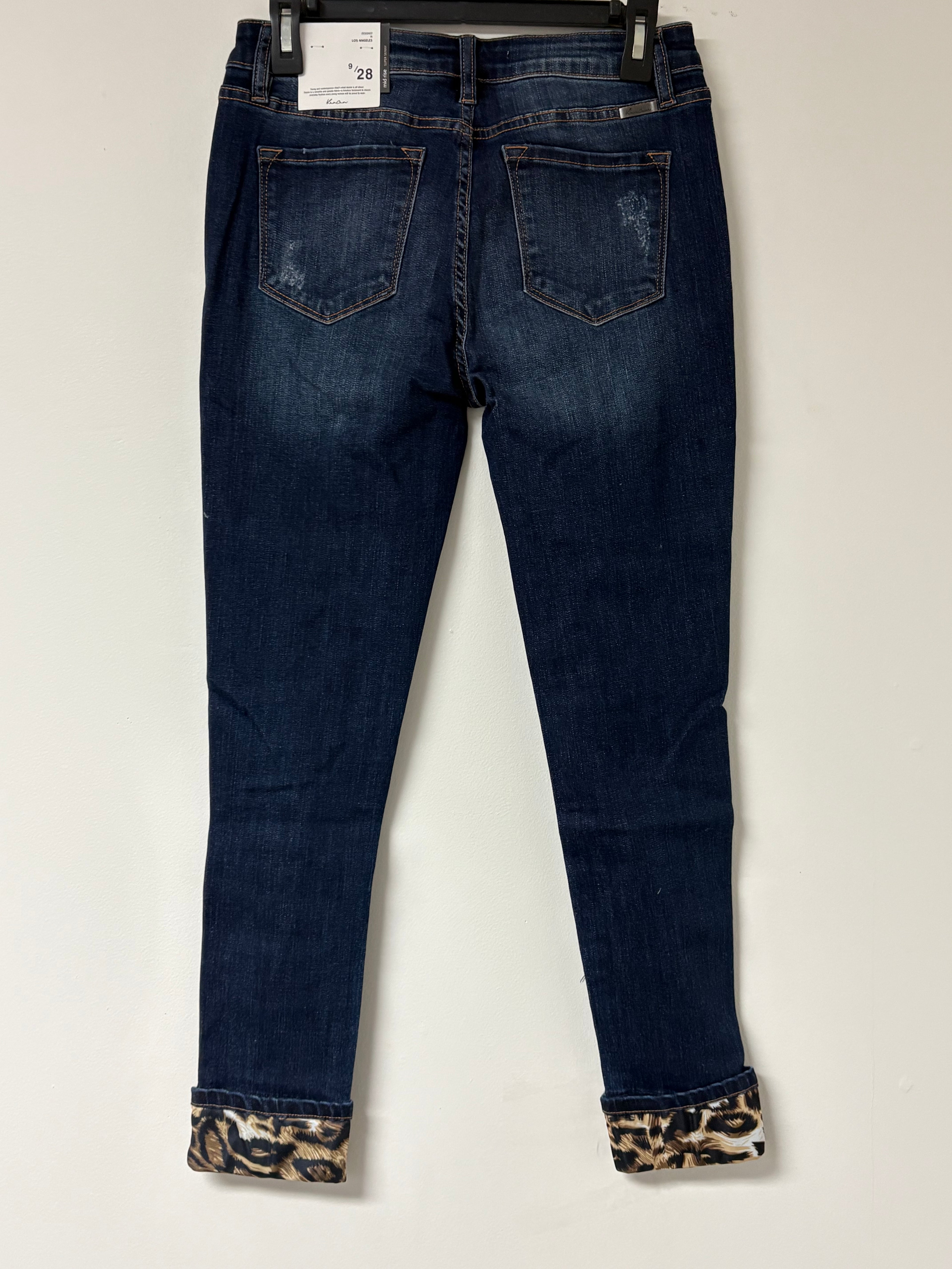 KANCAN MASON MID RISE LEOPARD PATCH SKINNY JEANS DARK BLUE WASH