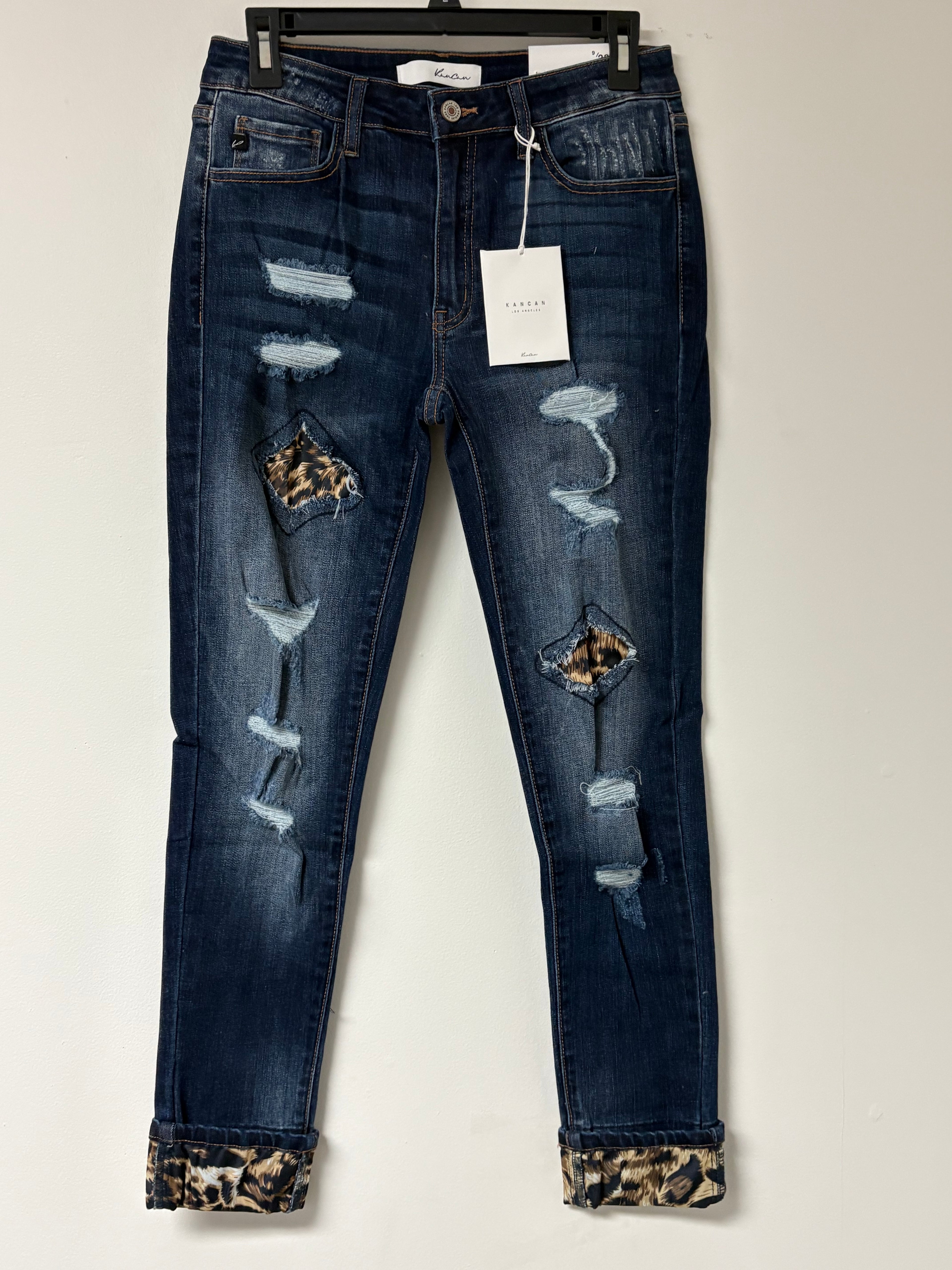 KANCAN MASON MID RISE LEOPARD PATCH SKINNY JEANS DARK BLUE WASH
