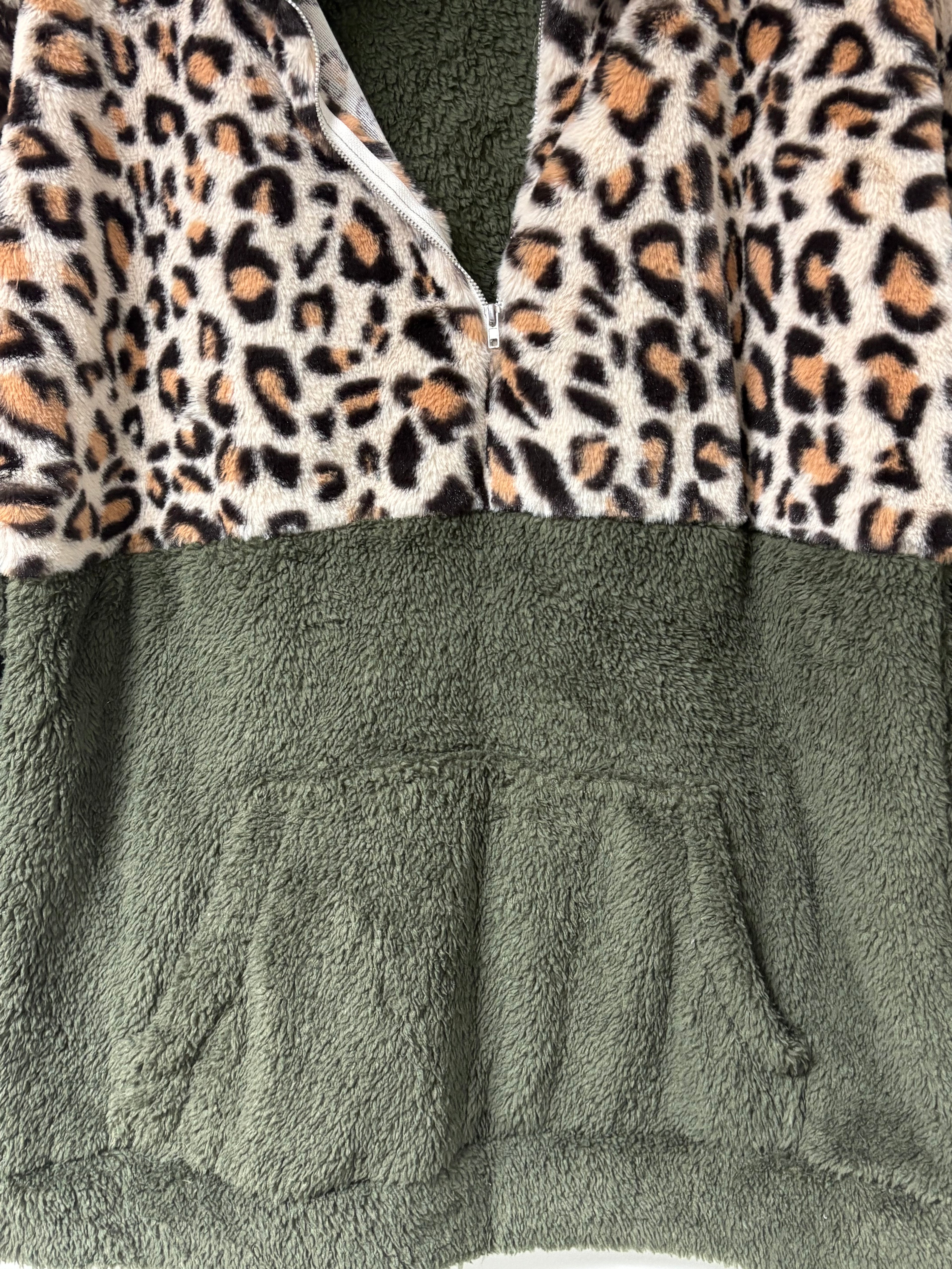 Women’s Olive Fleece with Leopard Print Accents | Let the Leopard 🐆 Roar This Winter! | Size XL
