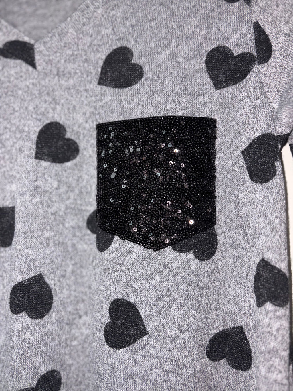 Women’s Gray Long Sleeve Sweater with Black Hearts | Black Hearts Sparkle Too |