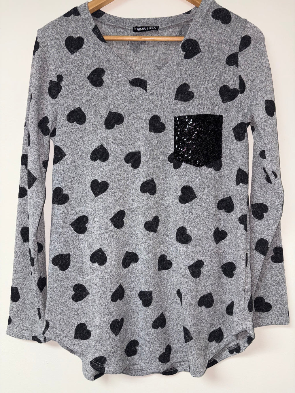 Women’s Gray Long Sleeve Sweater with Black Hearts | Black Hearts Sparkle Too |